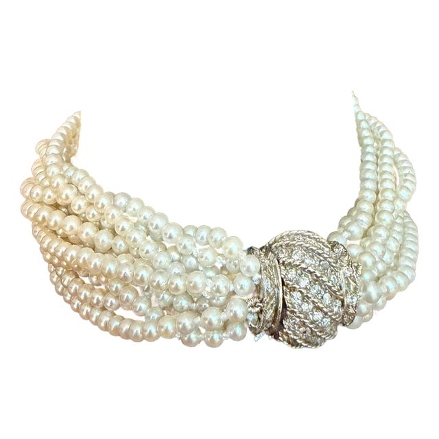 3.1mm Akoya Japanies Pearl Multi Strand Bracelet, 14kwg Diamond Clasp, 8 Inch For Sale