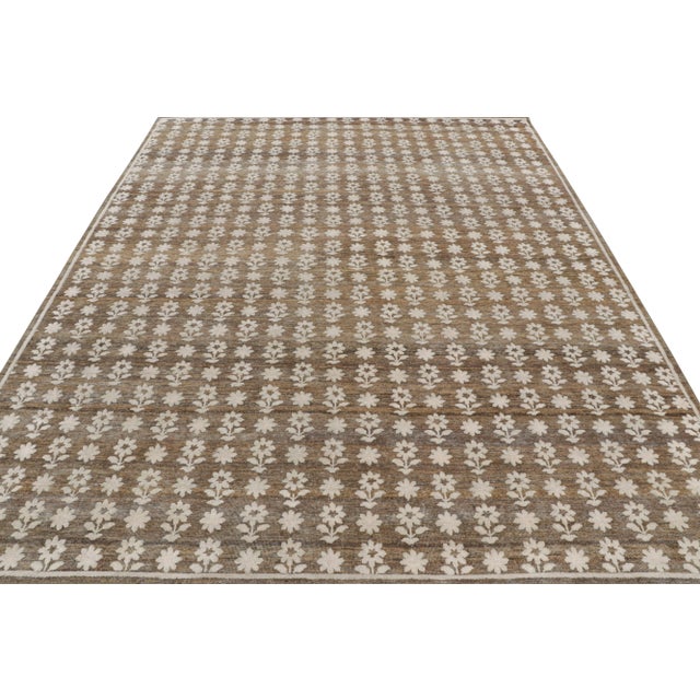 Rug & Kilim Rug & Kilim’s Modern Block Print Rug in Brown with White Floral Patterns - 4x6 For Sale - Image 4 of 7