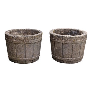 Circa 1950 Pair of English Cast Stone Barrel Form Planters For Sale