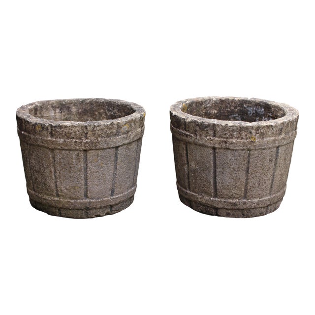 Circa 1950 Pair of English Cast Stone Barrel Form Planters For Sale