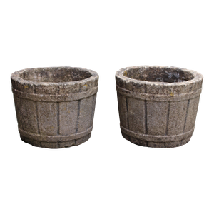 Circa 1950 Pair of English Cast Stone Barrel Form Planters