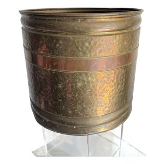 Traditional Hammered Copper Banded Brass Planter or Wastebasket For Sale