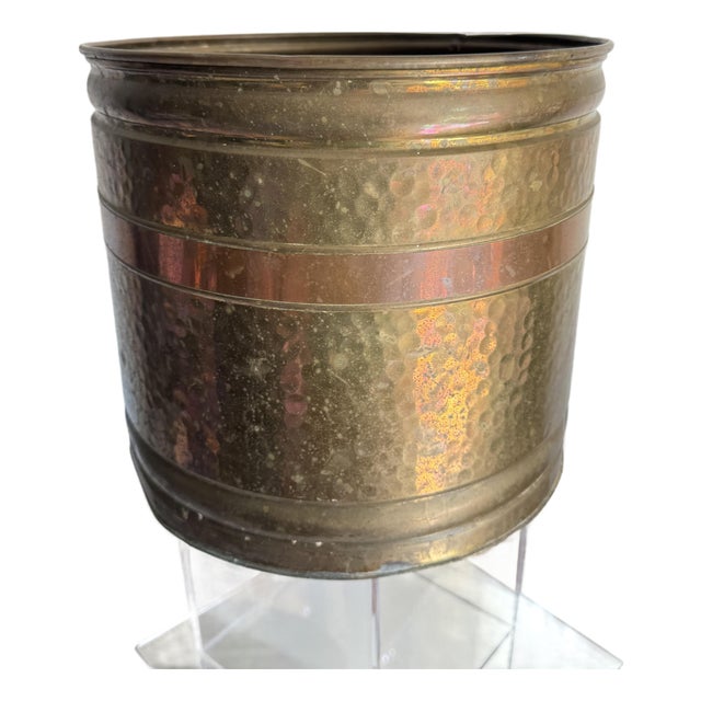 Traditional Hammered Copper Banded Brass Planter or Wastebasket For Sale