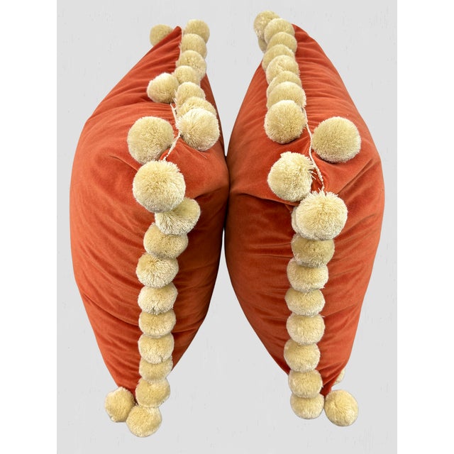 Orange Velvet Ivory Large Pom Pom Throw Pillow Pair For Sale In Greensboro - Image 6 of 6