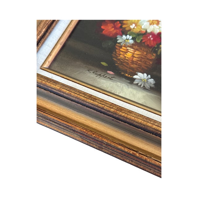 Mid 20th Century Vintage Signed Floral Factory Art in Wood Frame With Linen Liner For Sale - Image 5 of 7