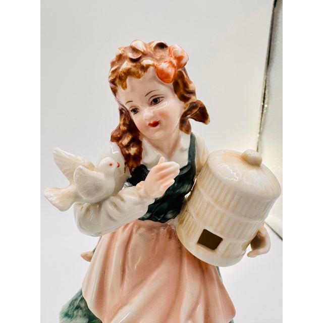 Victorian Vintage Lefton Porcelain Figurines Boy and Girl With Doves and Holding Bird Cages #Kw4045 For Sale - Image 3 of 14