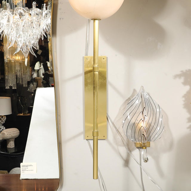 Modern Modernist Hand-Blown Murano Glass Reverse Dome Form Brushed Brass Sconces For Sale - Image 3 of 18