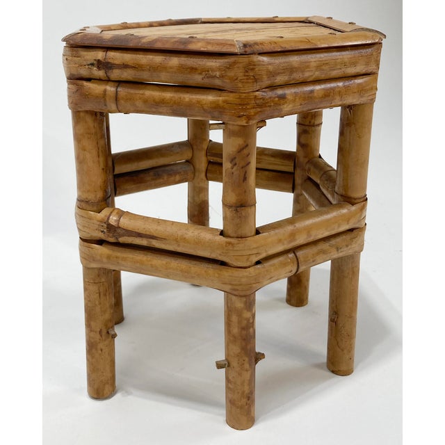 Vintage Hexagonal Scorched Bamboo Split Reed Plant Stand or Riser For Sale - Image 4 of 6