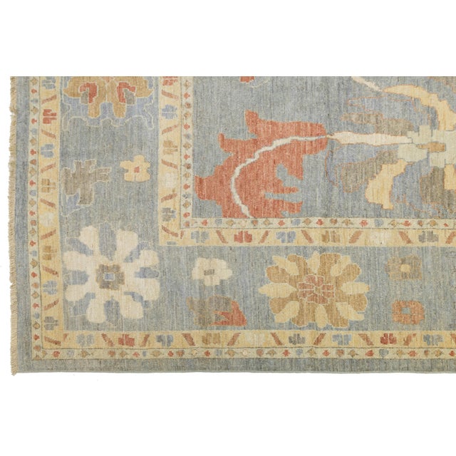 Modern 14x17 Hand-Knotted Modern Oushak Rug Premium Hand-Spun Wool Blue/Earth Tones For Sale - Image 3 of 10