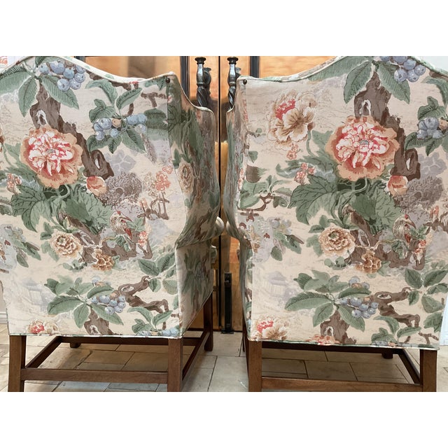 Pair Wing Chairs Newly Upholstered in Lee Jofa Chinese Lantern II in Spring For Sale In Atlanta - Image 6 of 8