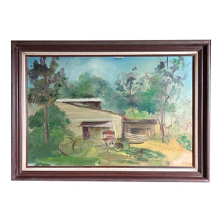 Large Vintage Impressionist Oil Painting of a Farm For Sale