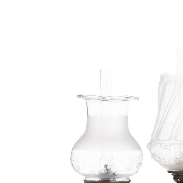 Lighting - Three oil table lamps - Opaline glass - 19th century. European, 19th/20th century, in opaline glass, porcelain,...