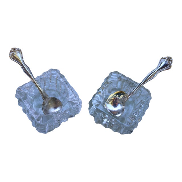 1940's Westmoreland Crystal Salt Cellars With Sterling Silver Salt Spoons- 4 Pieces For Sale