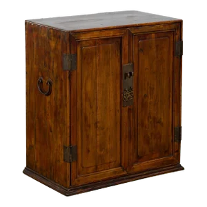 Early 20th Century Chinese Elmwood & Brass Side Cabinet with Raised Panels