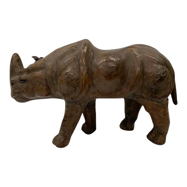 Vintage Mid-Century Leather Wrapped Rhino Sculpture For Sale