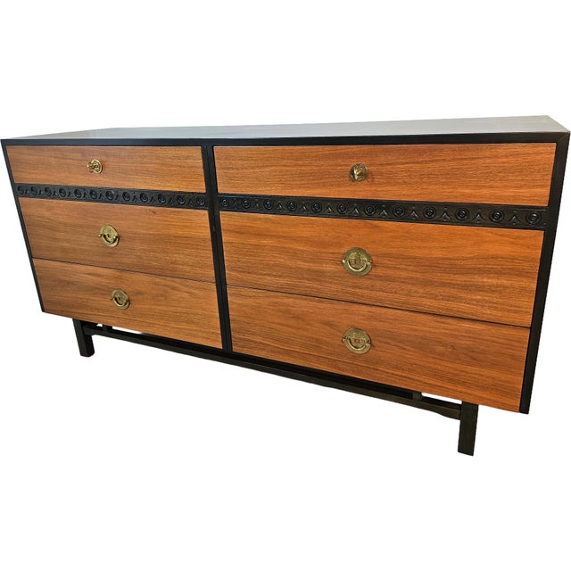 Modern Vintage Walnut Dresser With Brass Hardware, 1970s For Sale - Image 3 of 12