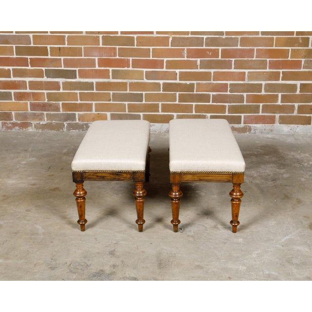 Pair of English 19th Century Oak Stools with Turned Legs and Custom Upholstery For Sale - Image 4 of 12