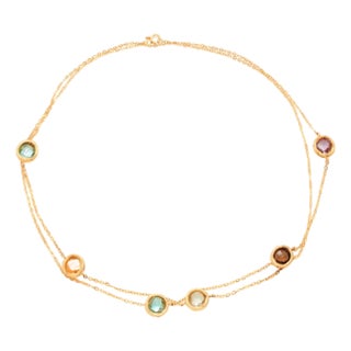 14k Gold Italian Gemstone Station Necklace by Milor 33 Inch Long For Sale