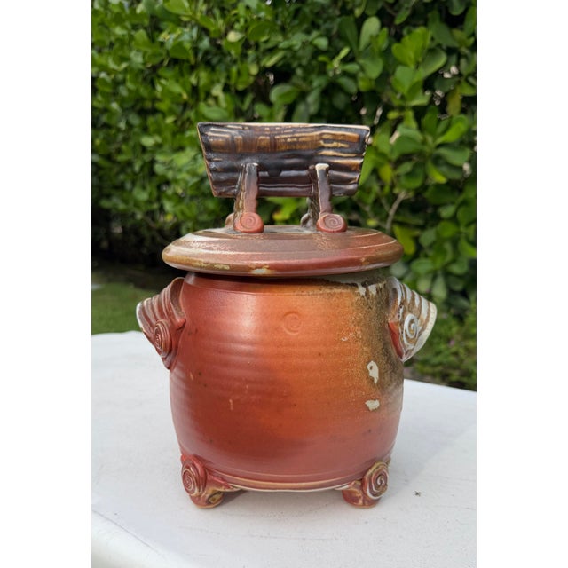 Mid-Century Modern Vintage Mark Heimann Studio Pottery Covered Jar With Sculptural Handles For Sale - Image 3 of 9