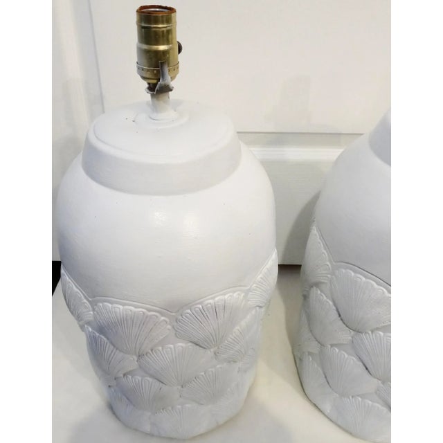 Coastal Vintage White Clam Shell Carved Ceramic Coastal Table Lamps- a Pair For Sale - Image 3 of 10