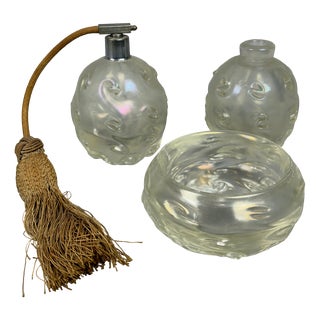 Antique Iridescent Murano Glass Torchon Dressing Table Set by Ercole Barovier for Barovier & Toso, 1940s, Set of 3 For Sale