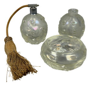 Antique Iridescent Murano Glass Torchon Dressing Table Set by Ercole Barovier for Barovier & Toso, 1940s, Set of 3