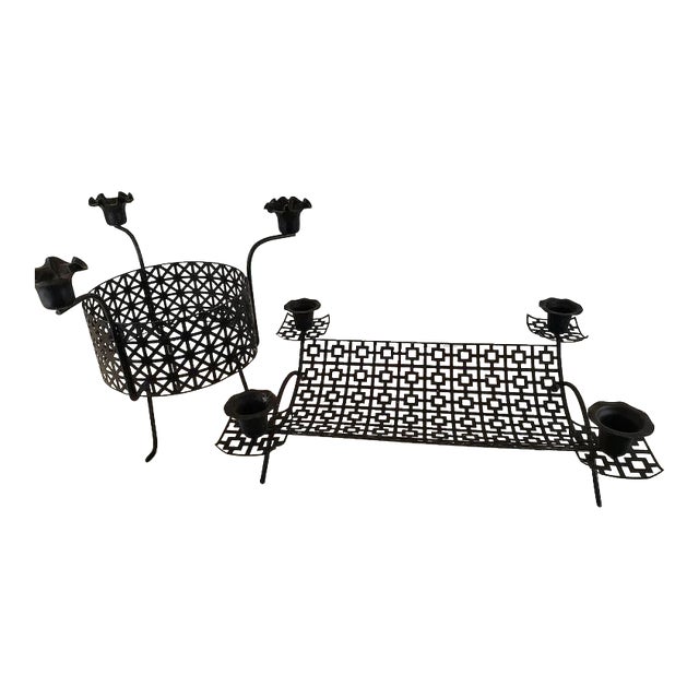 Mid-Century Modern Black Mesh Metal Atomic Candle Holders - 2 Pieces For Sale