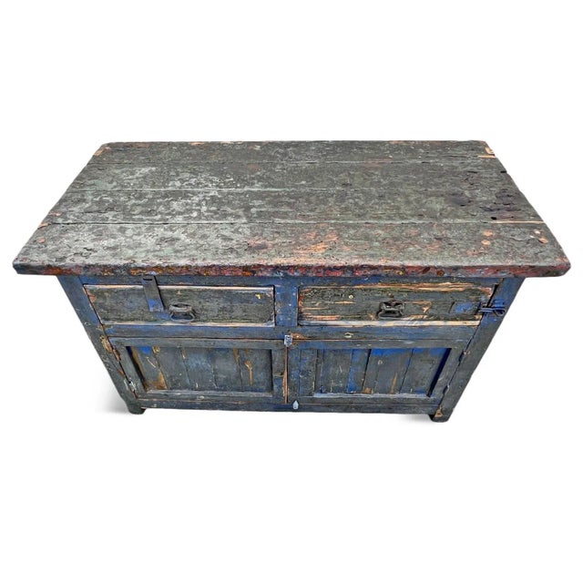 Old antique shop cabinet from North India. Sturdy hardwood with thick rich layered patina of blue and remnants of red....
