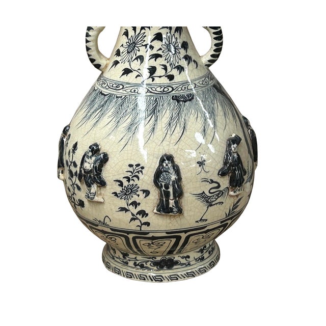 Oriental Cream White Color Blue Eight Immortal Theme Porcelain Vase Art For Sale - Image 13 of 17