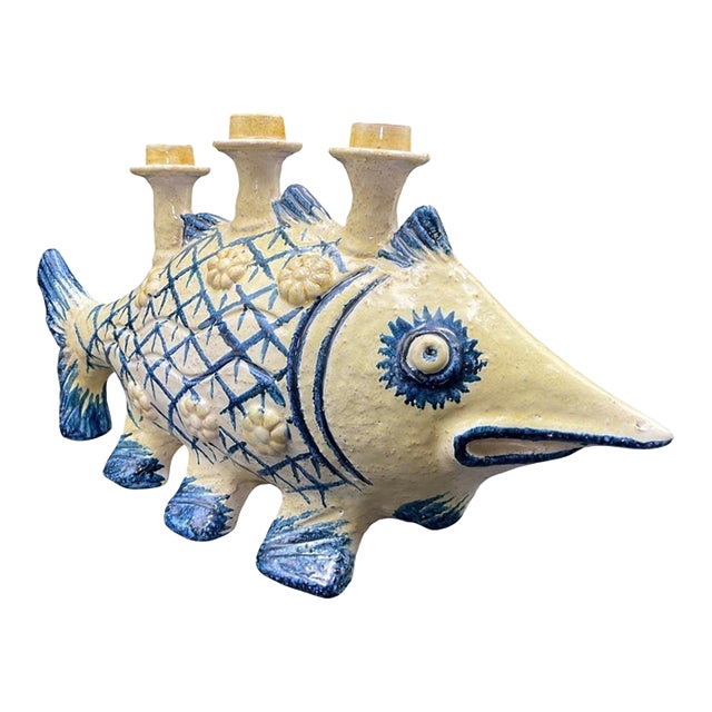 1980s Handcrafted Ceramic Fish Candleholder – Signed For Sale