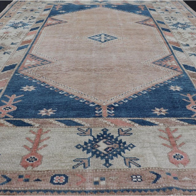 Vintage Turkish Oushak Rug With Elegant Blue and Soft Peach Motifs 5'7 X 7'8 For Sale - Image 4 of 10