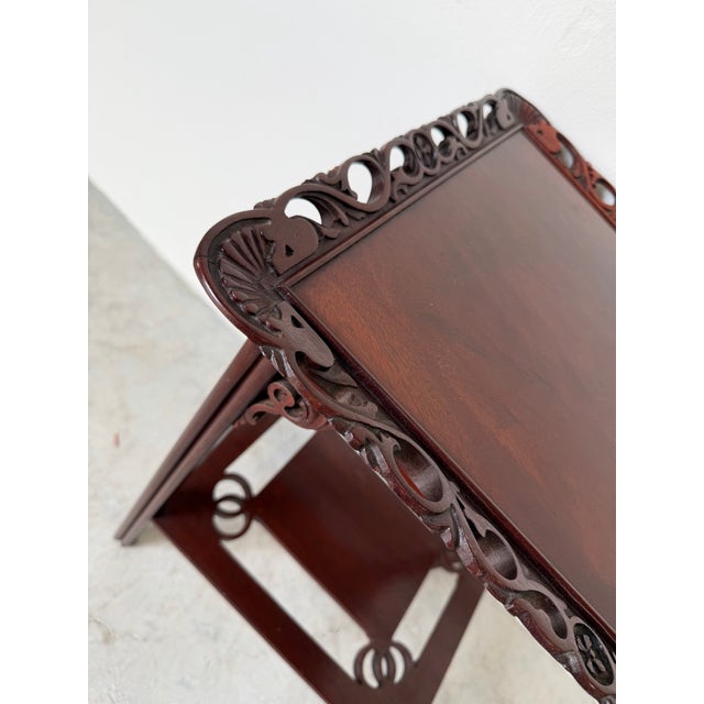 Wood 1960’s Vintage Chinese-Style Carved Mahogany Side Table With Pierced Gallery Top For Sale - Image 7 of 12