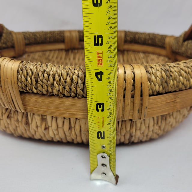 Vintage Round Woven Wicker Rice Basket With Wood Handles Rustic Boho For Sale - Image 11 of 11