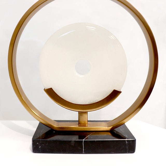 2020s Pasargad Home Sphere Collection White Circular Piece of Marble and Metal Modern Table Lamp with White Shade For Sale - Image 5 of 8