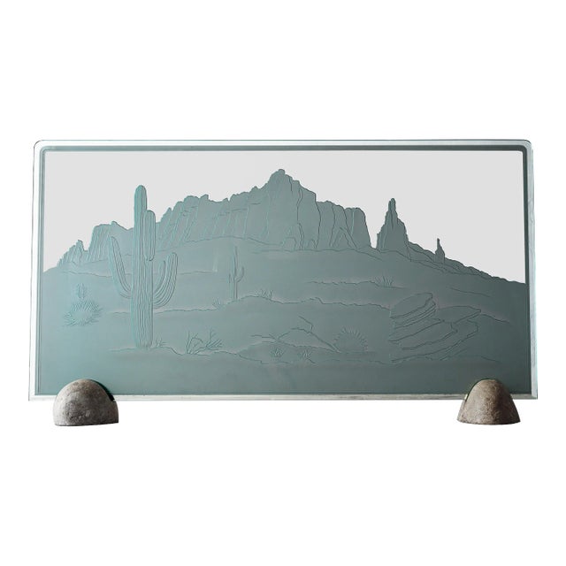 Southwest Etched Glass Fireplace Screen For Sale
