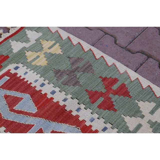 Textile 1970s Tribal Green Hand Knotted Natural Kilim Rug For Sale - Image 7 of 7