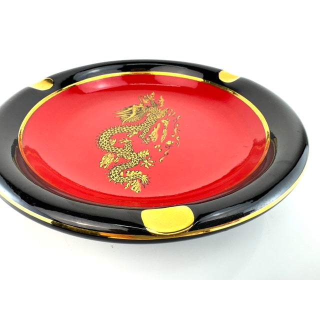 Ceramic Vintage Italian Black and Red Ceramic Ashtray With Gilt Dragon Motif For Sale - Image 7 of 10