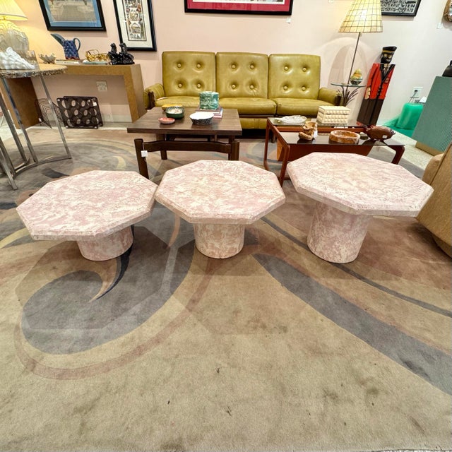 Vintage Set of 3 Pale Pink Octagonal Faux Stone Nesting Tables For Sale - Image 12 of 12
