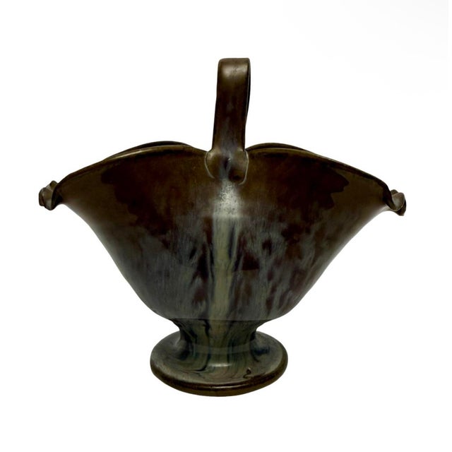 American VTG Jb Cole Pottery Brown Ruffle Basket Vase Signed Nell Cole Graves 89 (E-6). For Sale - Image 3 of 9