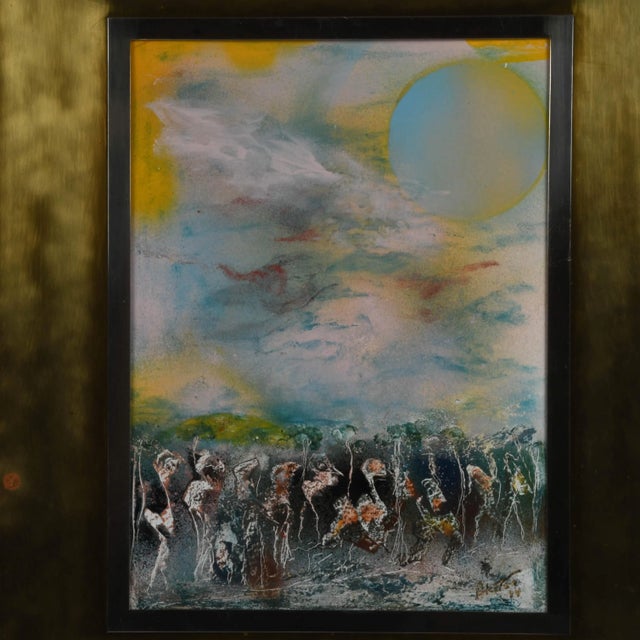 This Framed Signed J. Akston "Moon Madness, 1974" Enamel and Acrylic on Masonite is a hypnotic tour de force that merges...