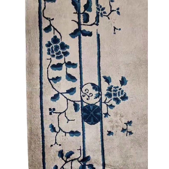 Chinese Exceptional Ivory Color With Unique Florid Design Antique Chinese Peking Rug For Sale - Image 3 of 10