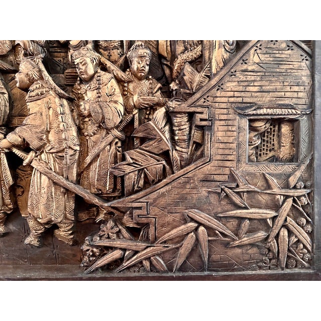Vintage Large Asian Hand-Carved Wooden Wall Hanging With Gold Relief For Sale - Image 9 of 12