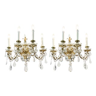 Four-Light Crystal and Bronze Wall Lamps, 1900s, Set of 2 For Sale