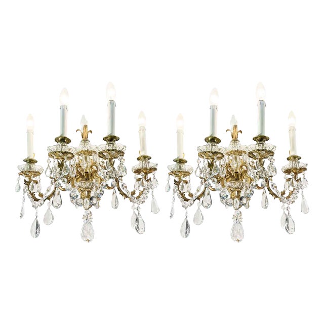 Four-Light Crystal and Bronze Wall Lamps, 1900s, Set of 2 For Sale