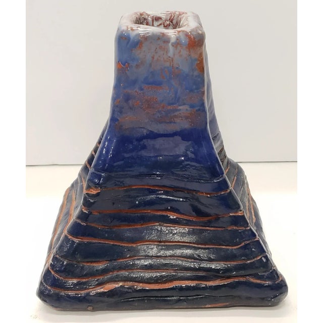 Ceramic Circa 1970 Mid Century Modern Art Pottery Fat Lava Glazed Clay Pinched Banded Pyramid Vase For Sale - Image 7 of 7