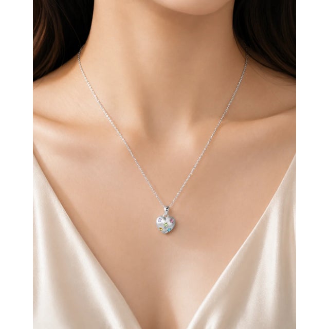 Modern Late 20th Century 14K White Gold Floral Gemstone Heart Pendant For Sale - Image 3 of 3