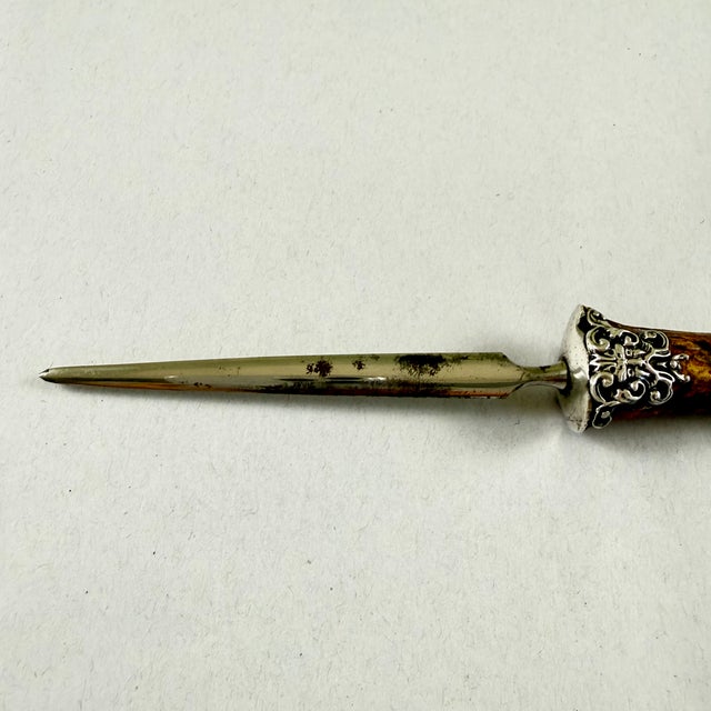 English Stag Horn & Sterling Silver Green Man Face Letter Opener For Sale - Image 11 of 12