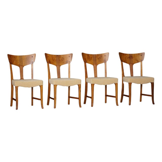 Early 20th Century Art Nouveau Danish Dining Chairs in Burl & Velvet, 1920s, Set of 4 For Sale