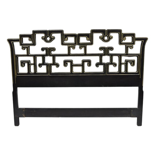 Vintage Chinoiserie Black Gold Ebonized Chinese Fretwork Queen Sz Bed Headboard For Sale