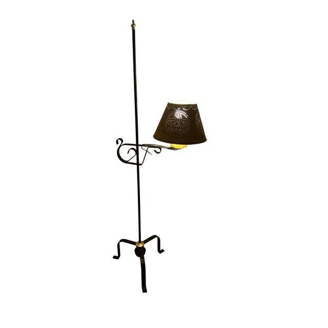 American Mid 20th Century Colonial Style Iron Floor Lamp With Mustard Punch Tin Shade For Sale - Image 3 of 10